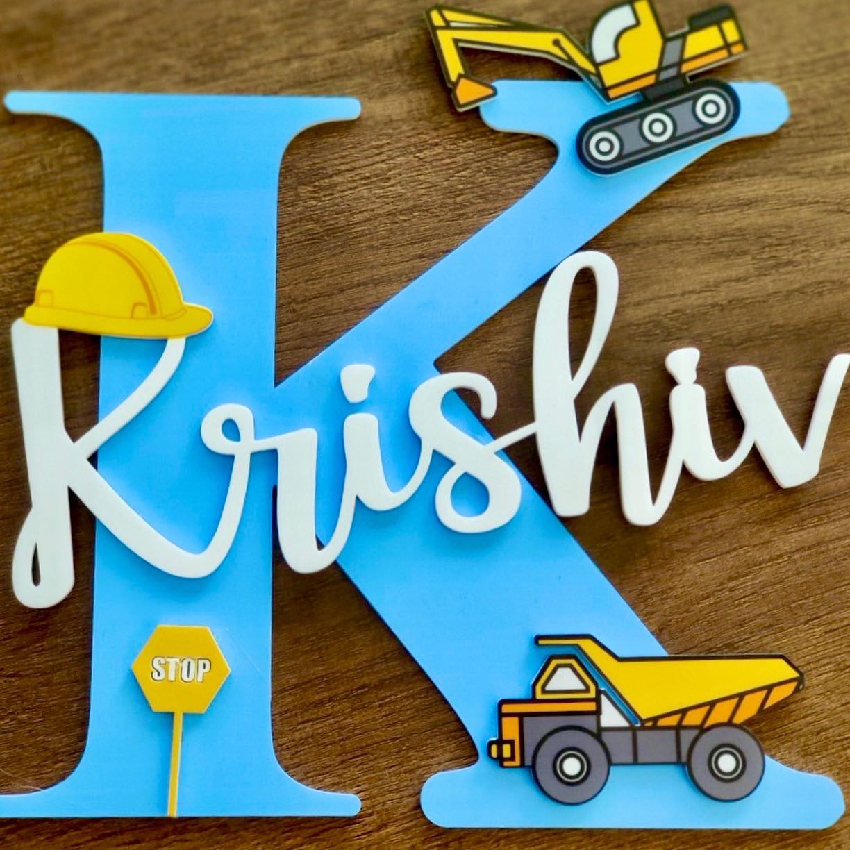 Personalised Blue Kids Name Plate - Construction Theme(25 cm)